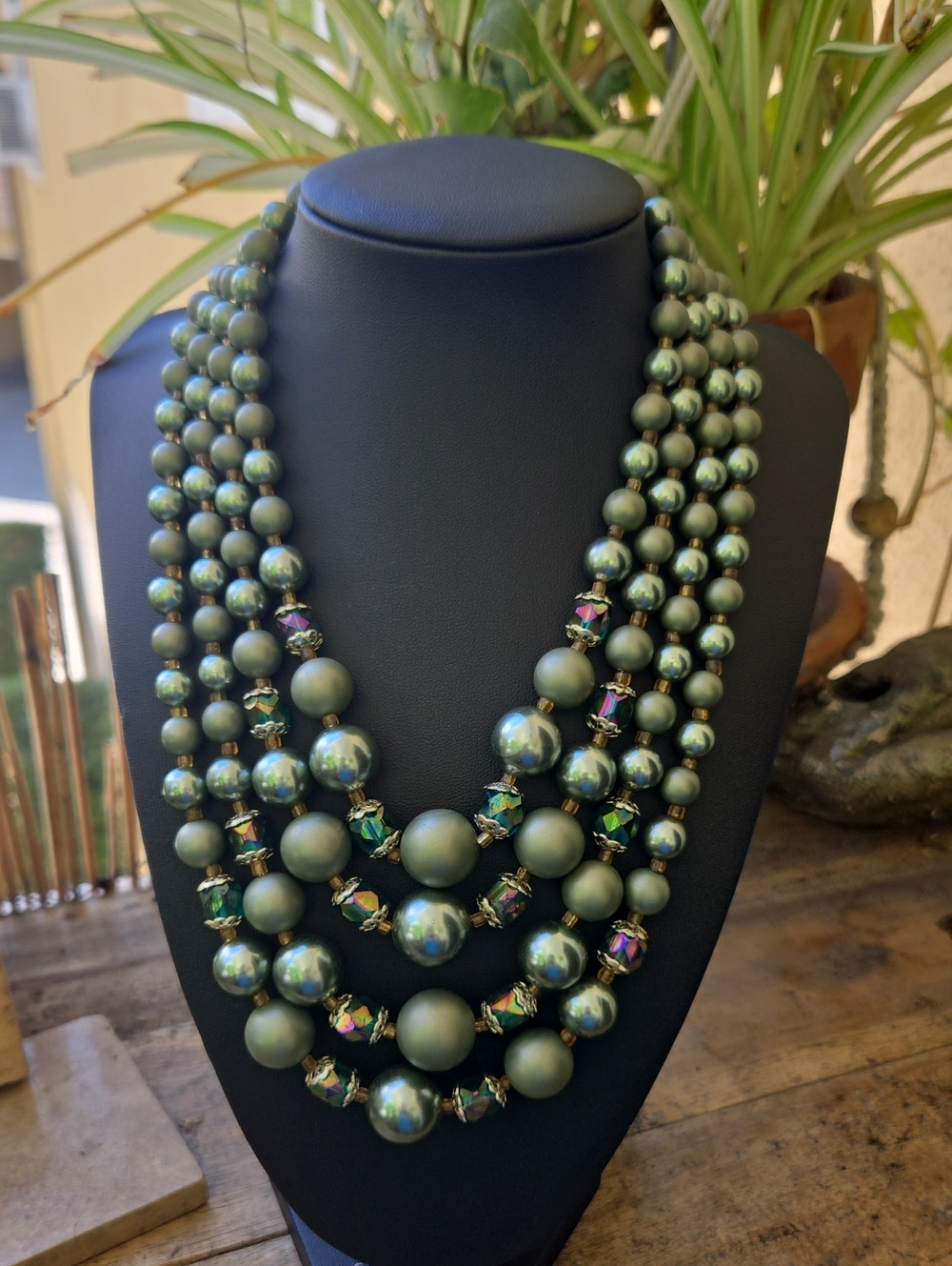 Multi-Strand Green Pearl Statement Necklace